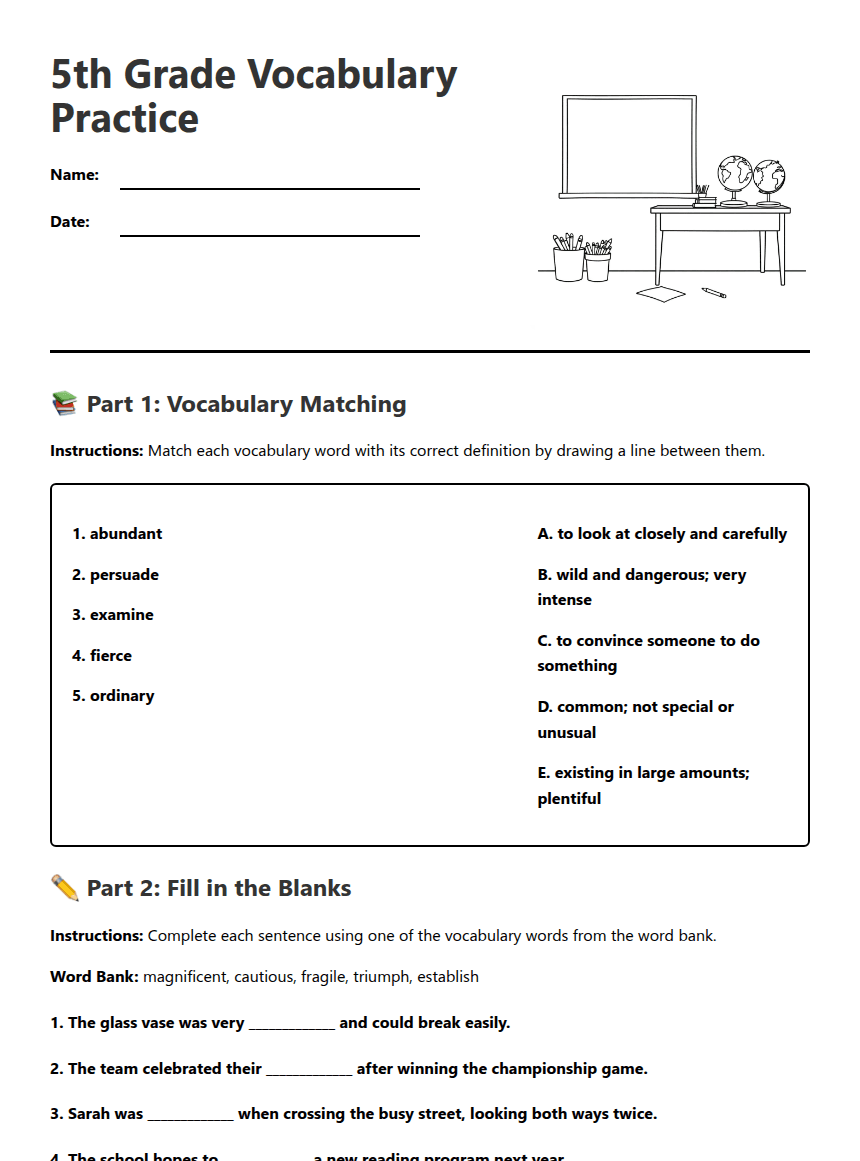 5th Grade Vocabulary Practice worksheet preview
