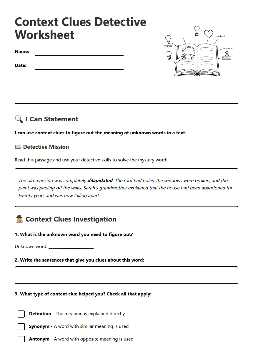 Context Clues Detective Worksheet worksheet preview