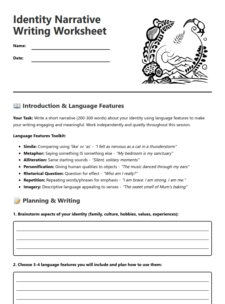 Identity Narrative Writing Worksheet worksheet preview
