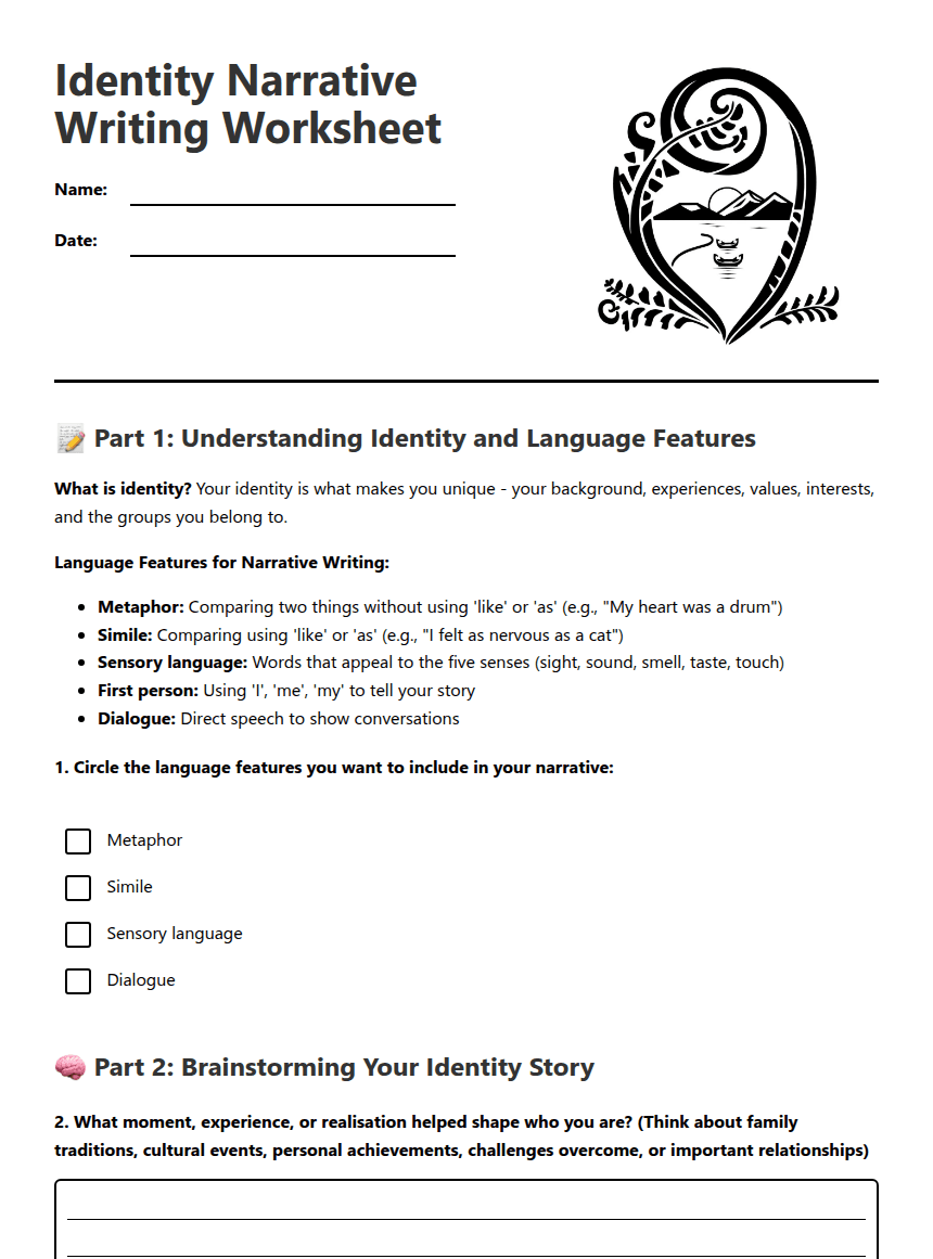 Identity Narrative Writing Worksheet worksheet preview