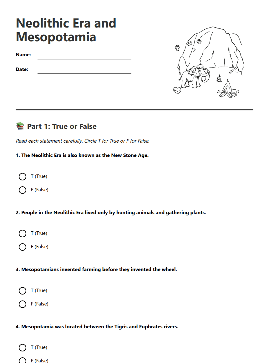 Neolithic Era and Mesopotamia worksheet preview