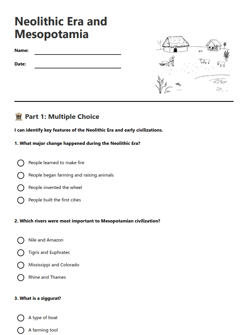 Neolithic Era and Mesopotamia worksheet preview