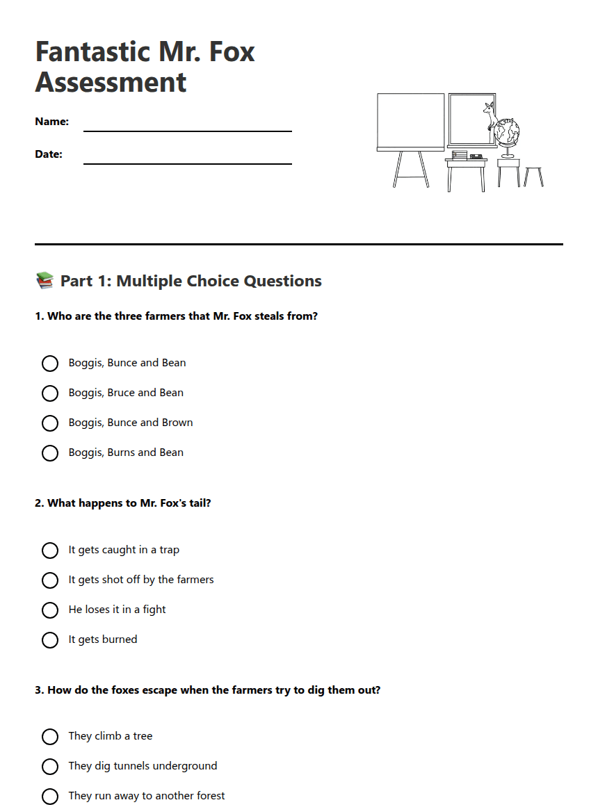 Fantastic Mr. Fox Assessment worksheet preview