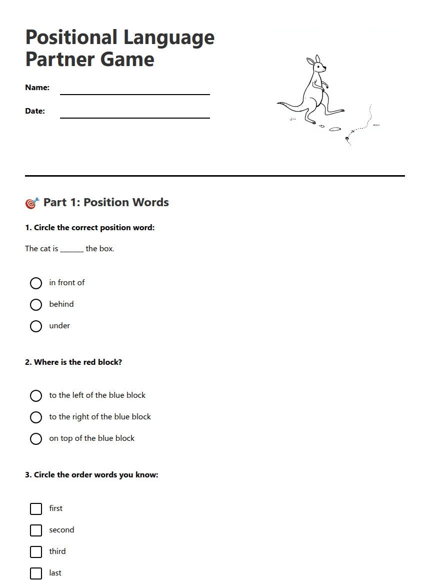 Positional Language Partner Game worksheet preview