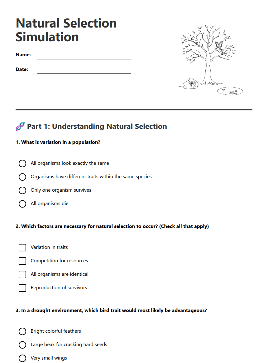 Natural Selection Simulation worksheet preview
