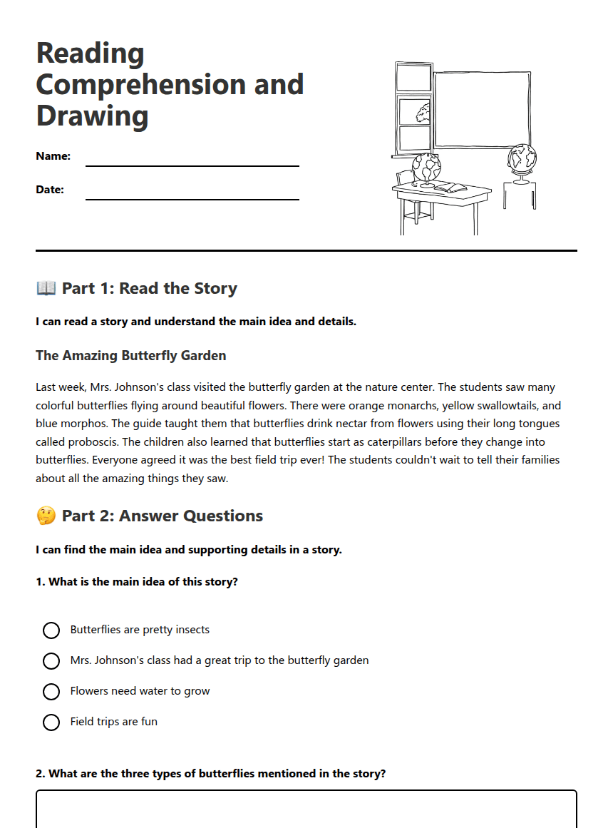 Reading Comprehension and Drawing worksheet preview