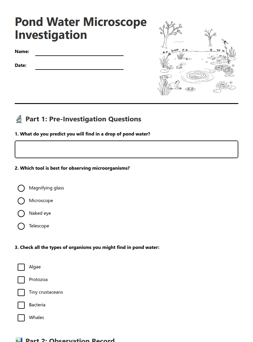 Pond Water Microscope Investigation worksheet preview