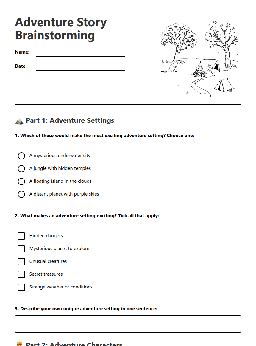 Adventure Story Brainstorming worksheet preview