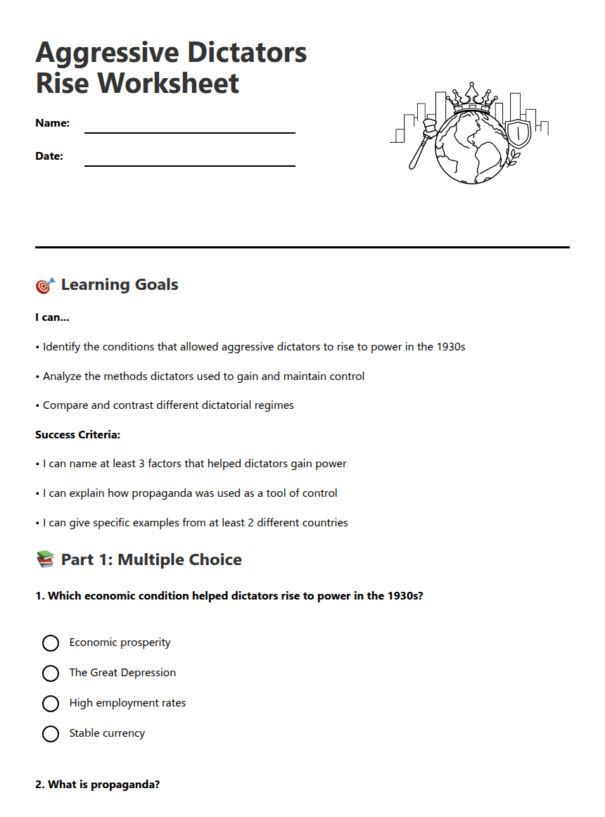 Aggressive Dictators Rise Worksheet worksheet preview