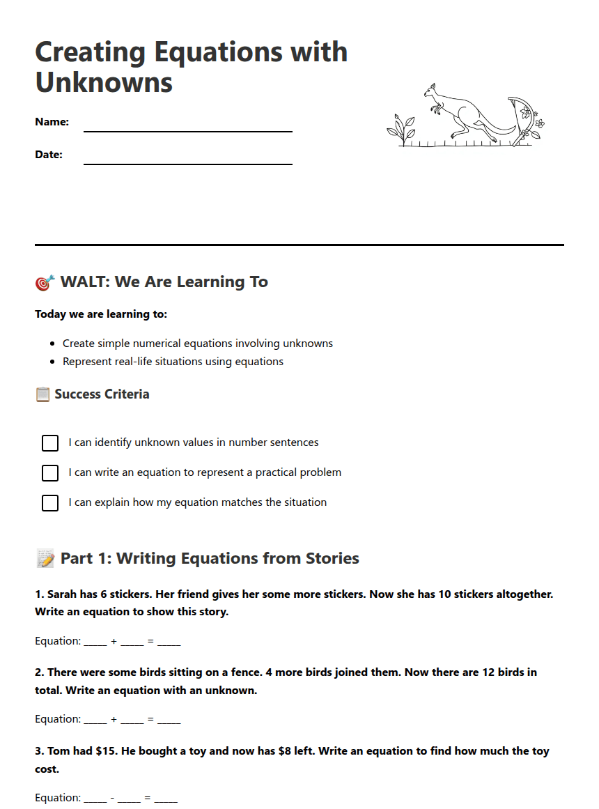 Creating Equations with Unknowns worksheet preview