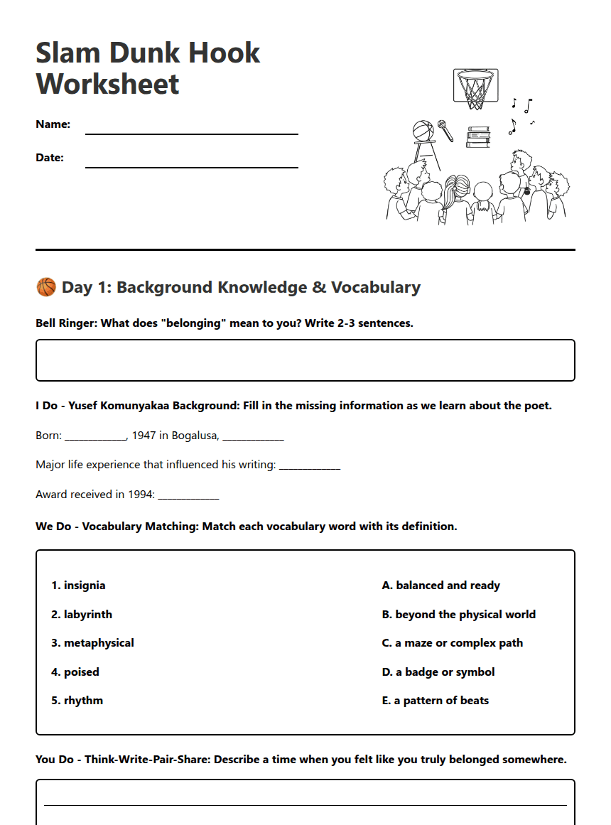 Slam Dunk Hook Worksheet worksheet preview