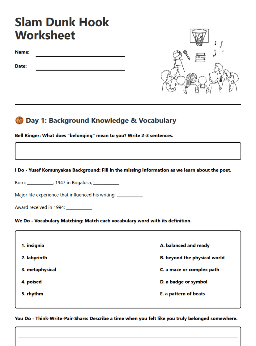 Slam Dunk Hook Worksheet