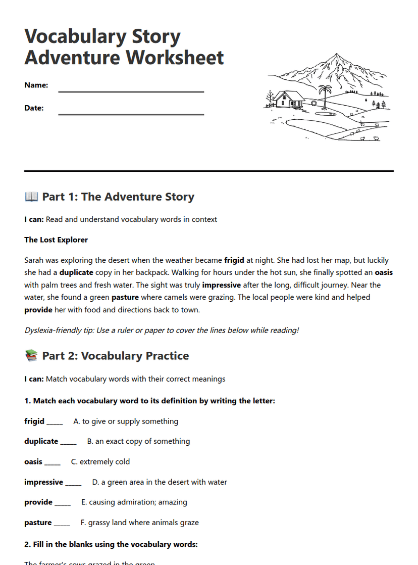 Vocabulary Story Adventure Worksheet