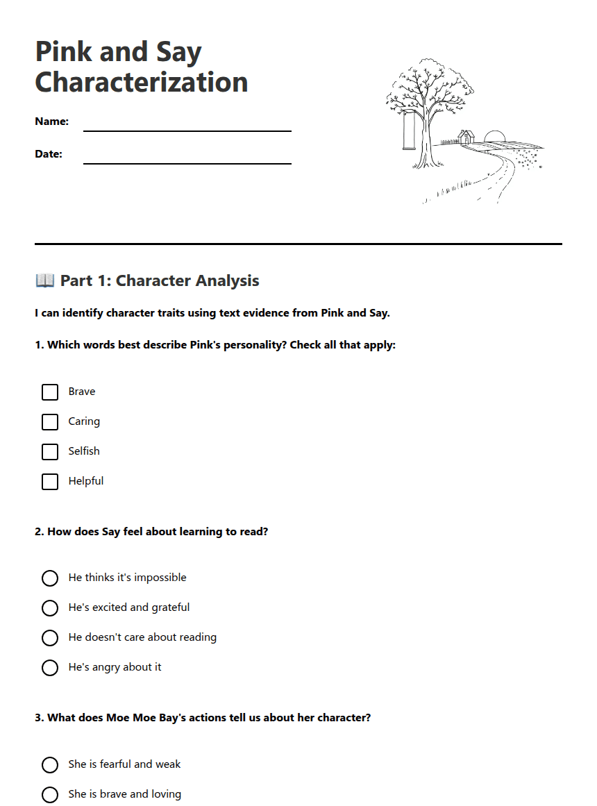 Pink and Say Characterization worksheet preview