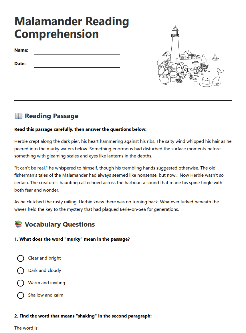 Malamander Reading Comprehension worksheet preview