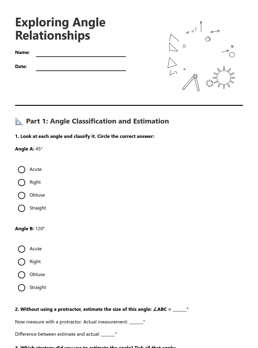 Exploring Angle Relationships worksheet preview