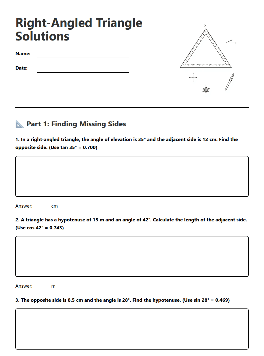 Right-Angled Triangle Solutions worksheet preview