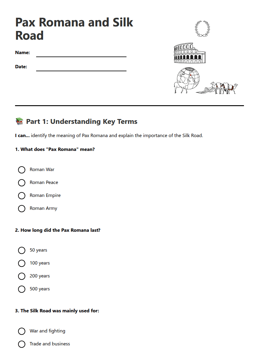Pax Romana and Silk Road worksheet preview