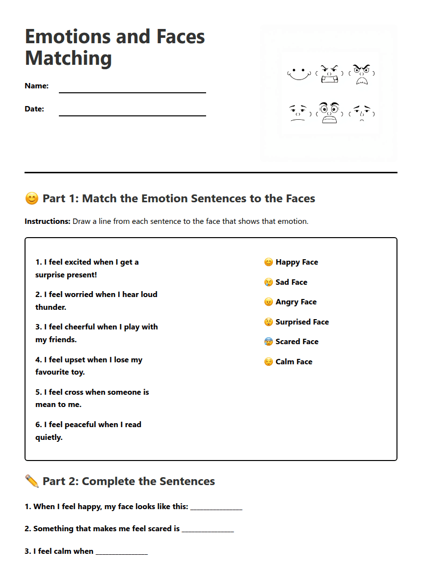 Emotions and Faces Matching worksheet preview