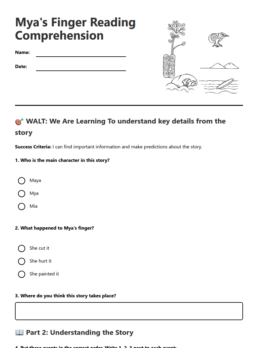Mya's Finger Reading Comprehension worksheet preview