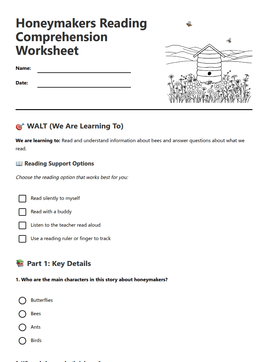 Honeymakers Reading Comprehension Worksheet worksheet preview