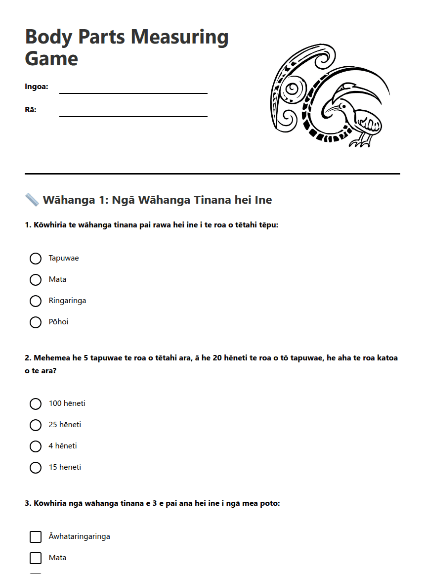 Body Parts Measuring Game worksheet preview