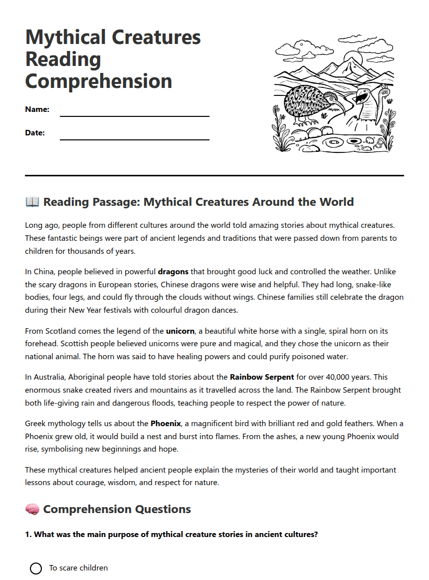 Mythical Creatures Reading Comprehension worksheet preview