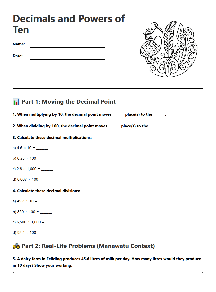 Decimals and Powers Ten worksheet preview
