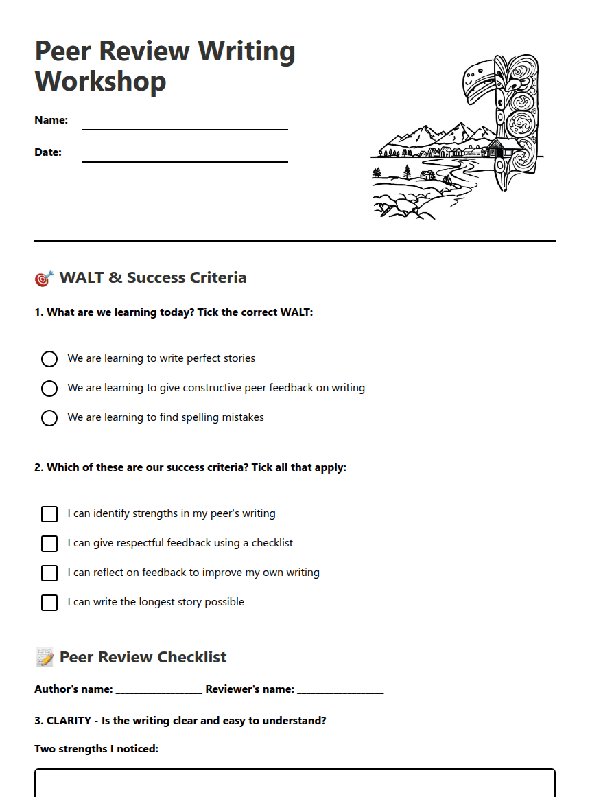 Peer Review Writing Workshop worksheet preview