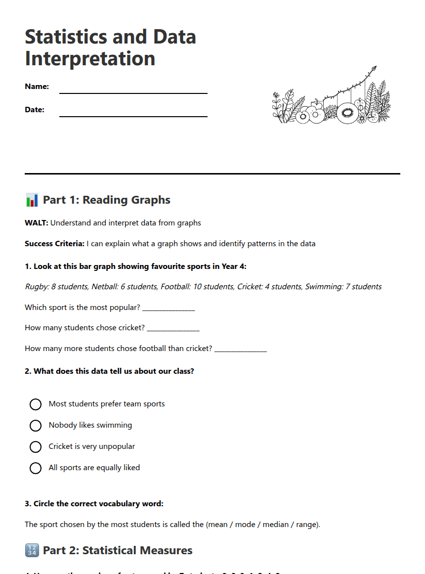 Statistics and Data Interpretation worksheet preview