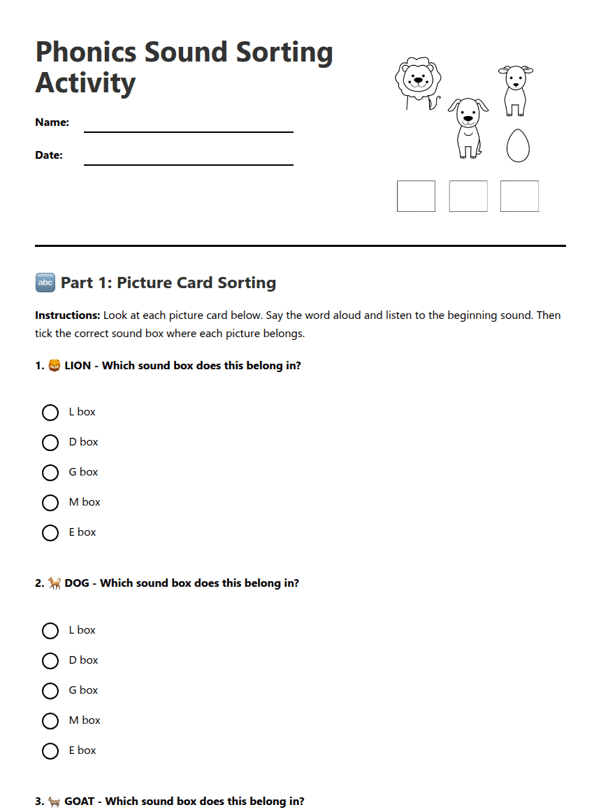 Phonics Sound Sorting Activity worksheet preview