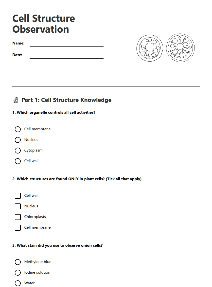 Cell Structure Observation worksheet preview