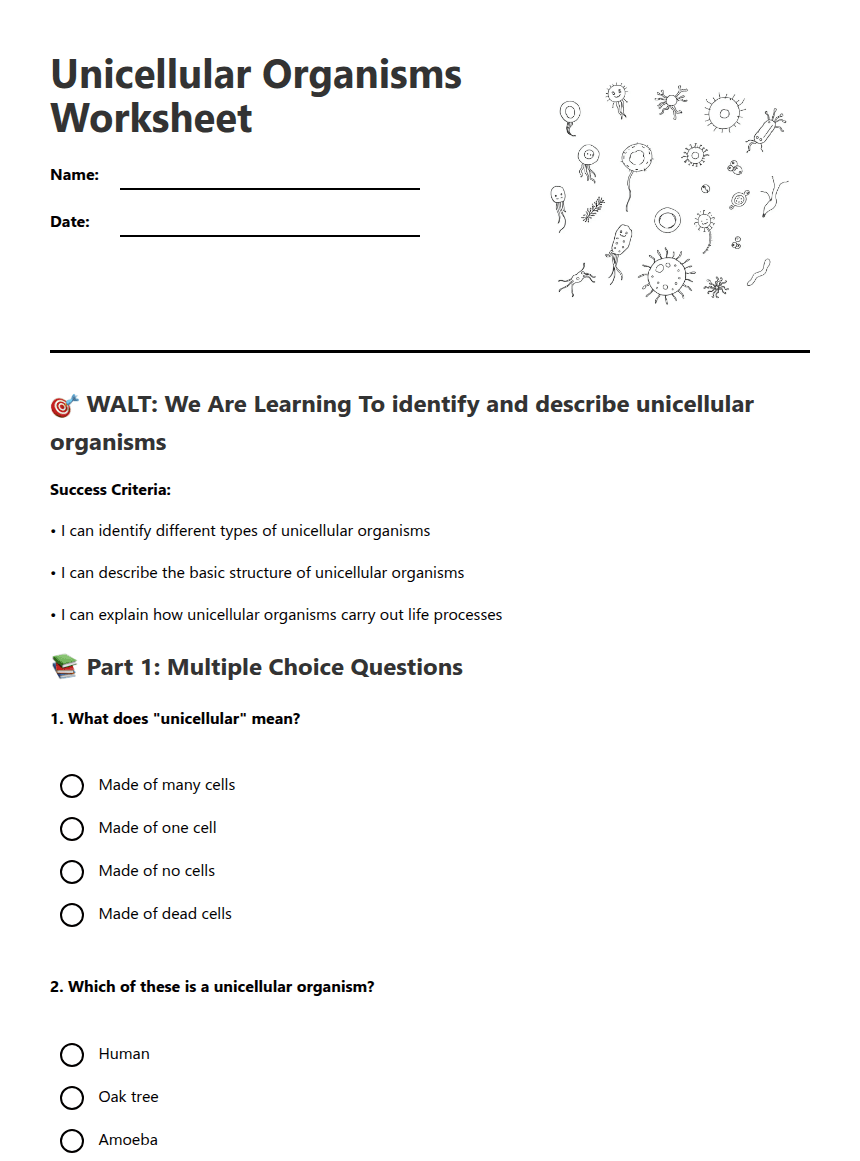 Unicellular Organisms Worksheet worksheet preview