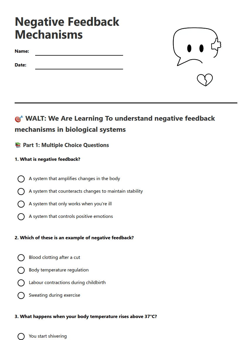 Negative Feedback Mechanisms worksheet preview