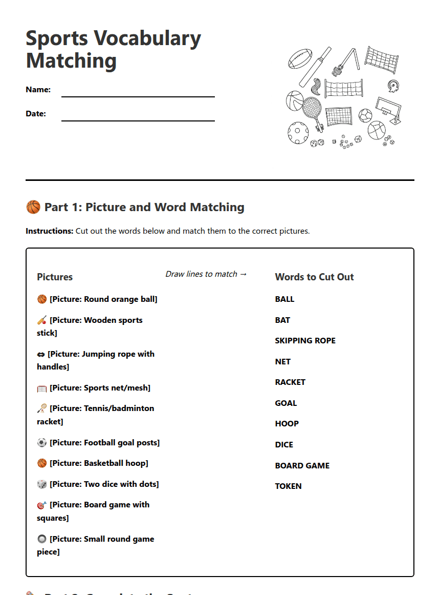 Sports Vocabulary Matching worksheet preview