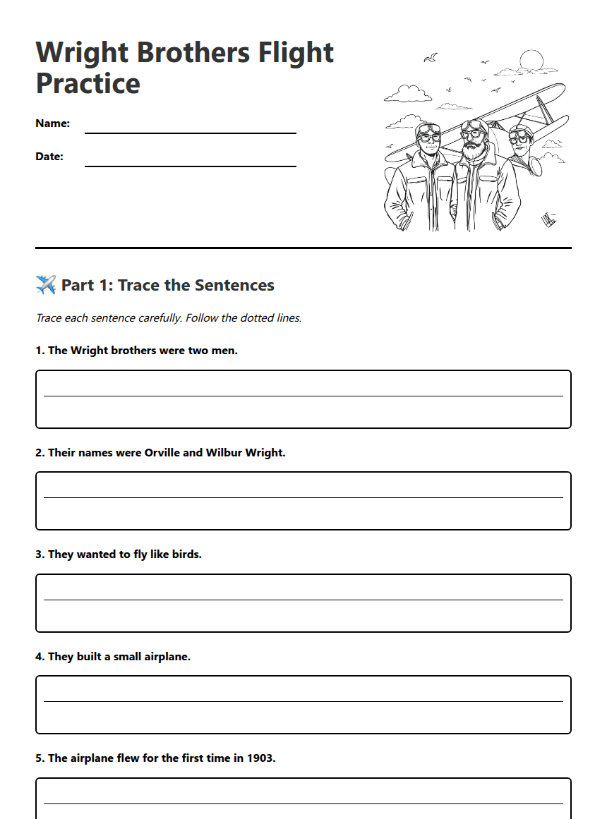 Wright Brothers Flight Practice worksheet preview