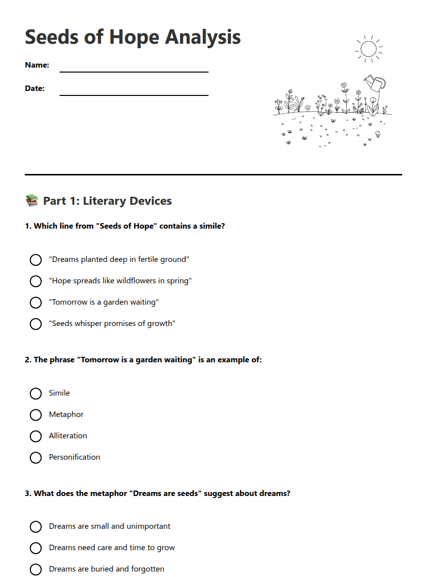 Seeds of Hope Analysis worksheet preview