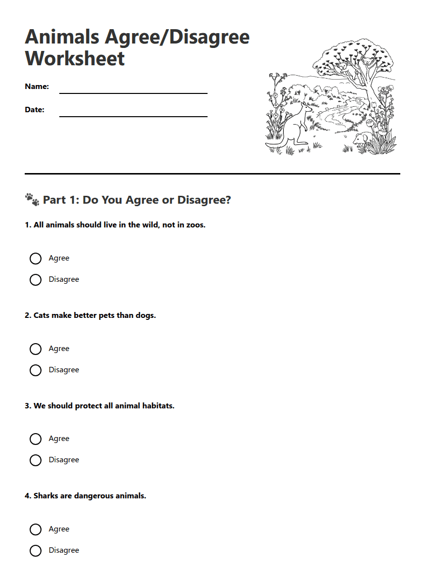 Animals Agree/Disagree Worksheet worksheet preview