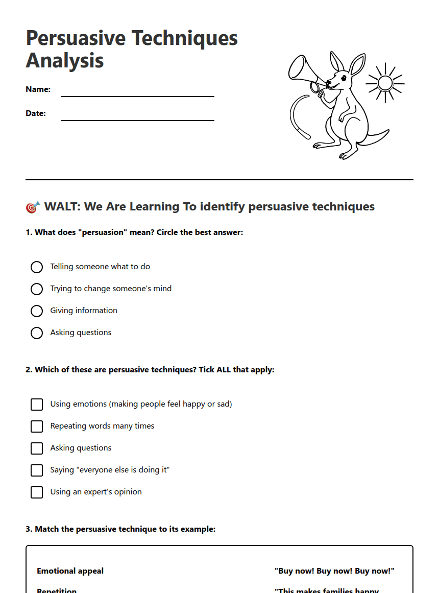 Persuasive Techniques Analysis worksheet preview
