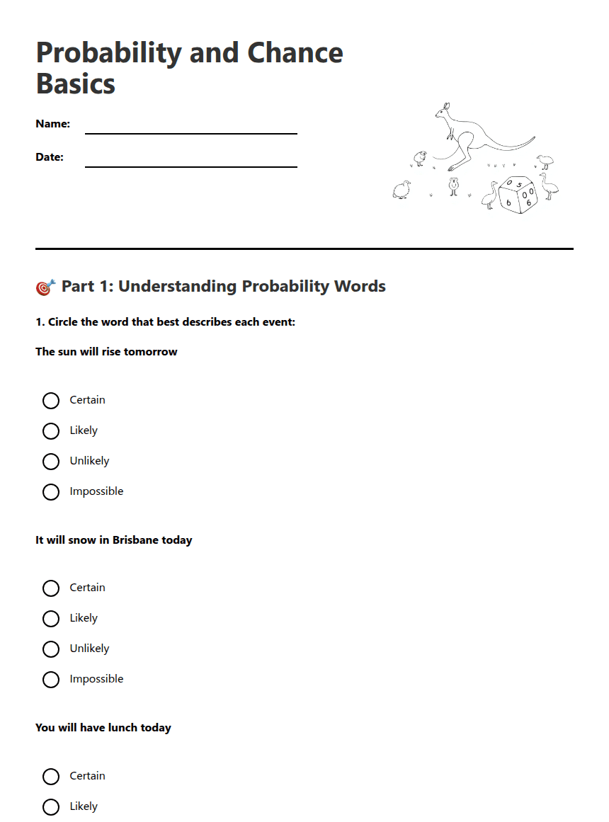 Probability and Chance Basics worksheet preview
