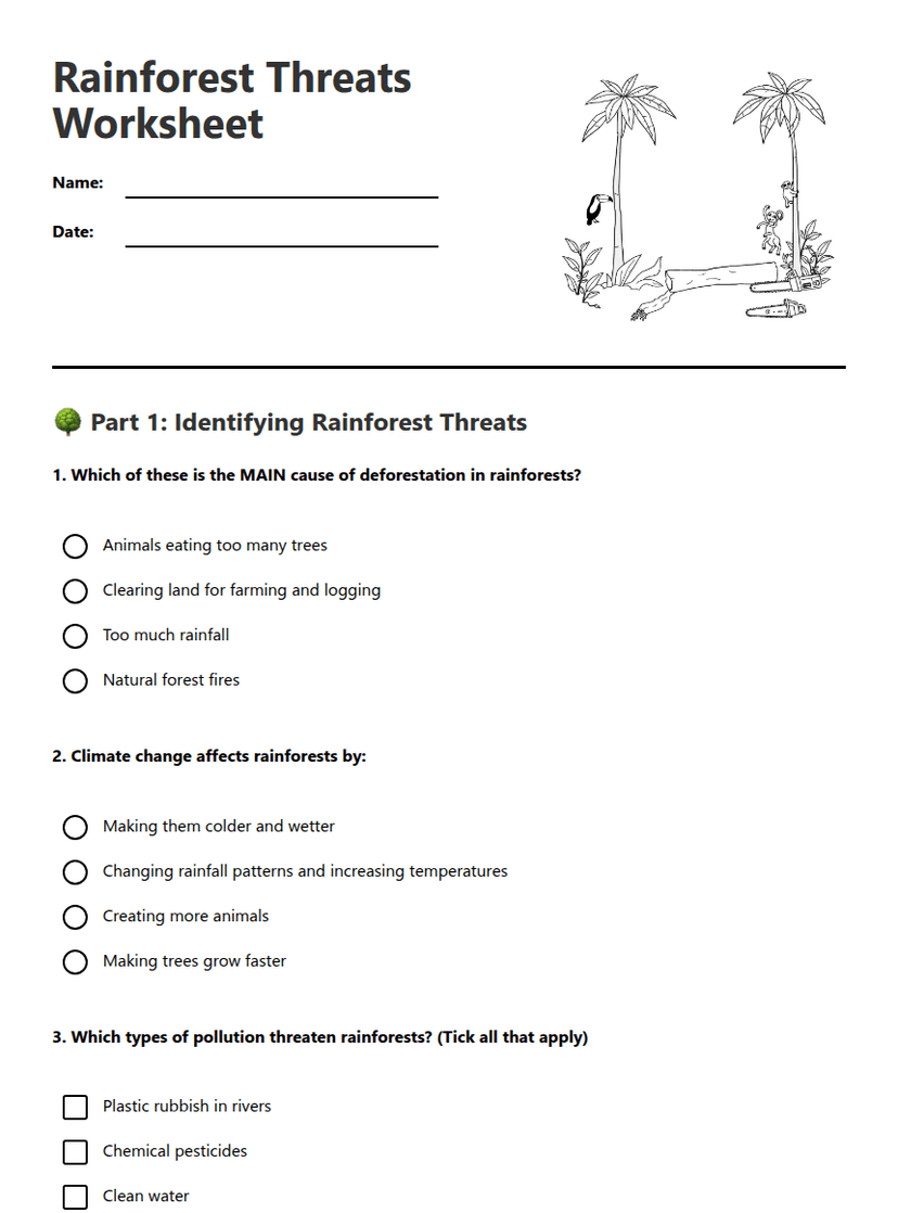 Rainforest Threats Worksheet