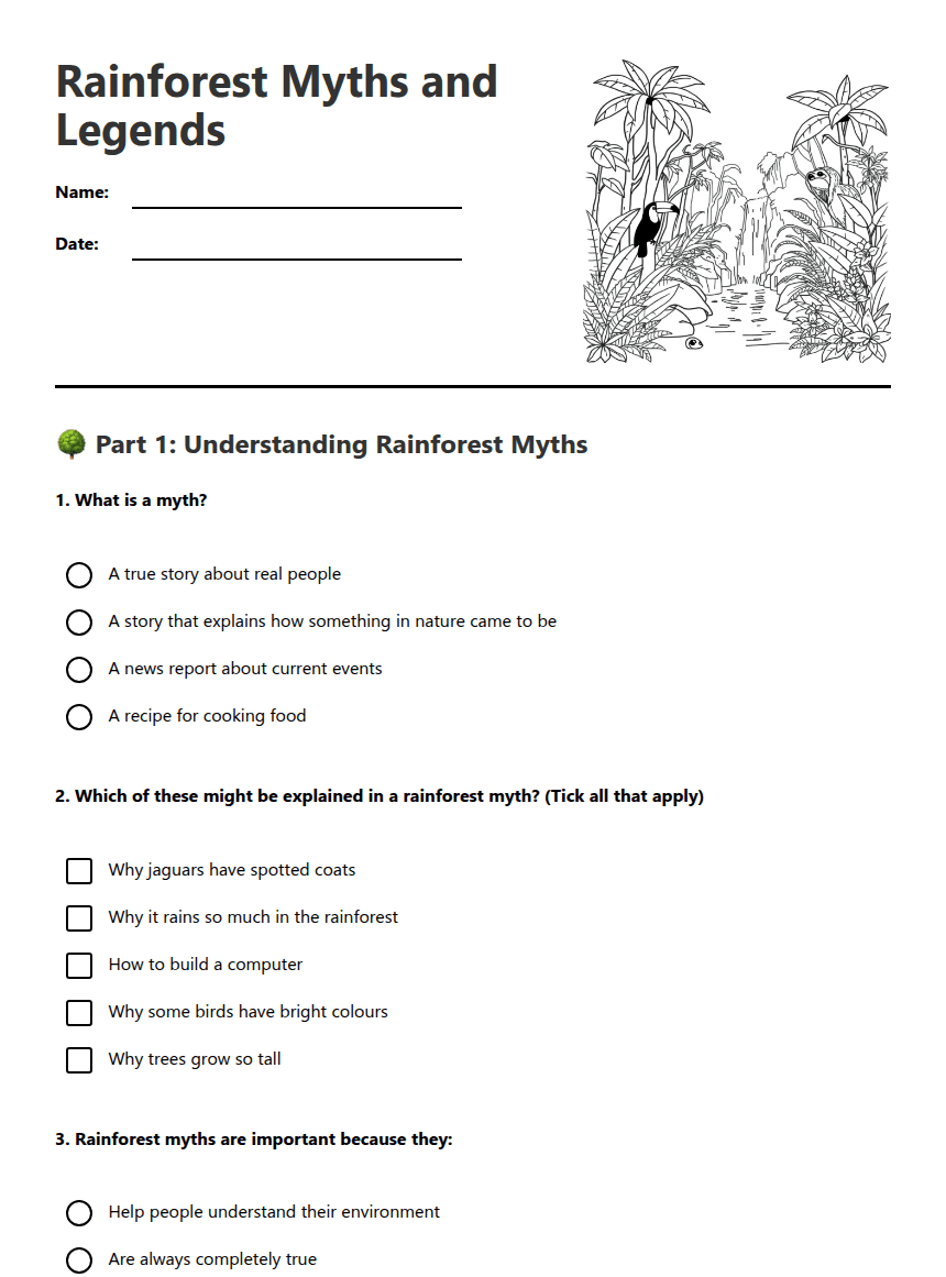 Rainforest Myths and Legends worksheet preview