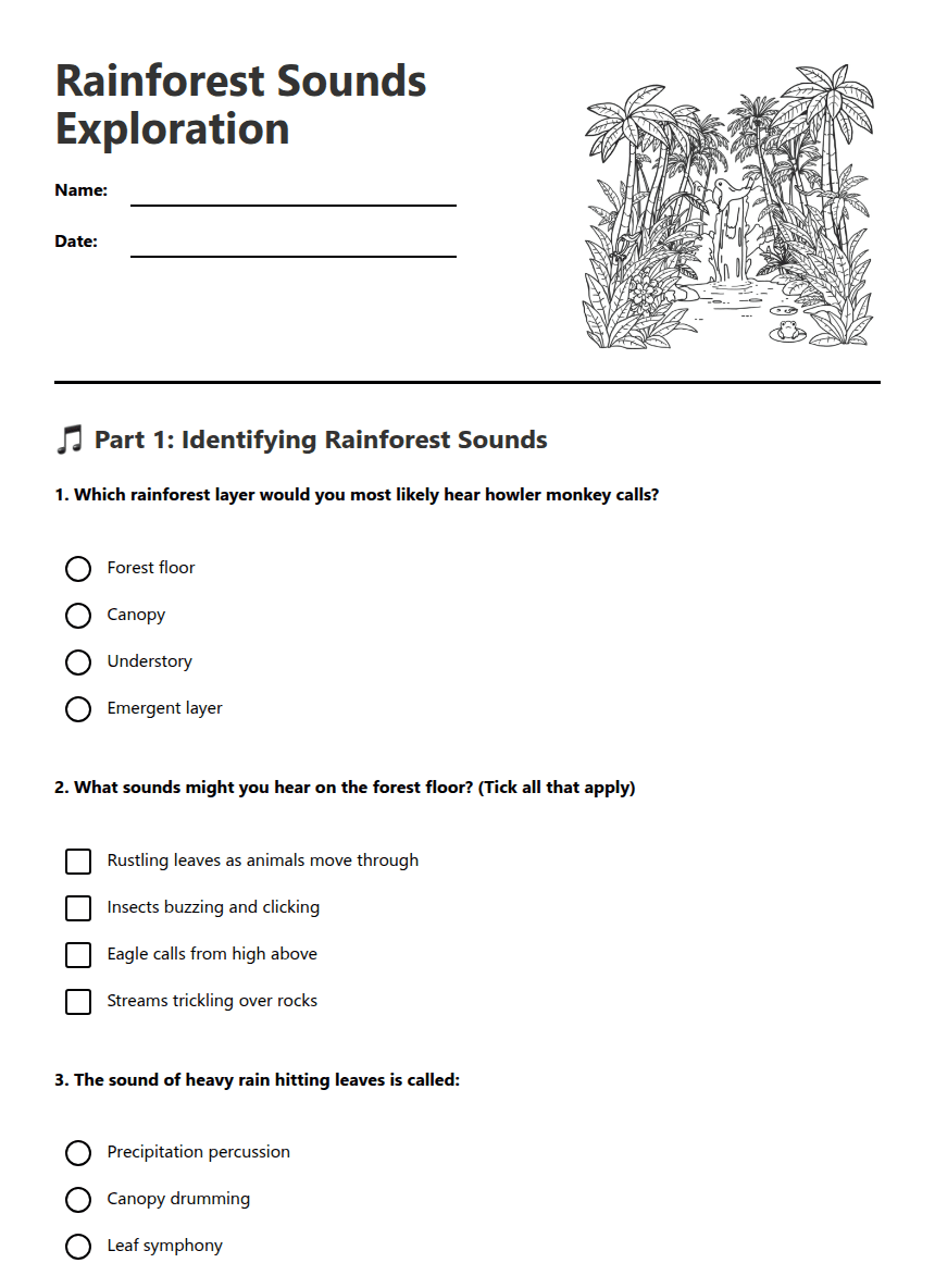 Rainforest Sounds Exploration worksheet preview