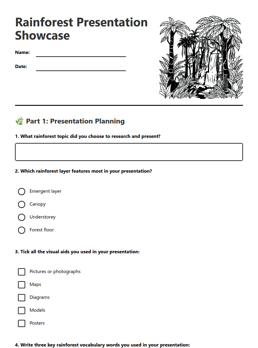 Rainforest Presentation Showcase worksheet preview