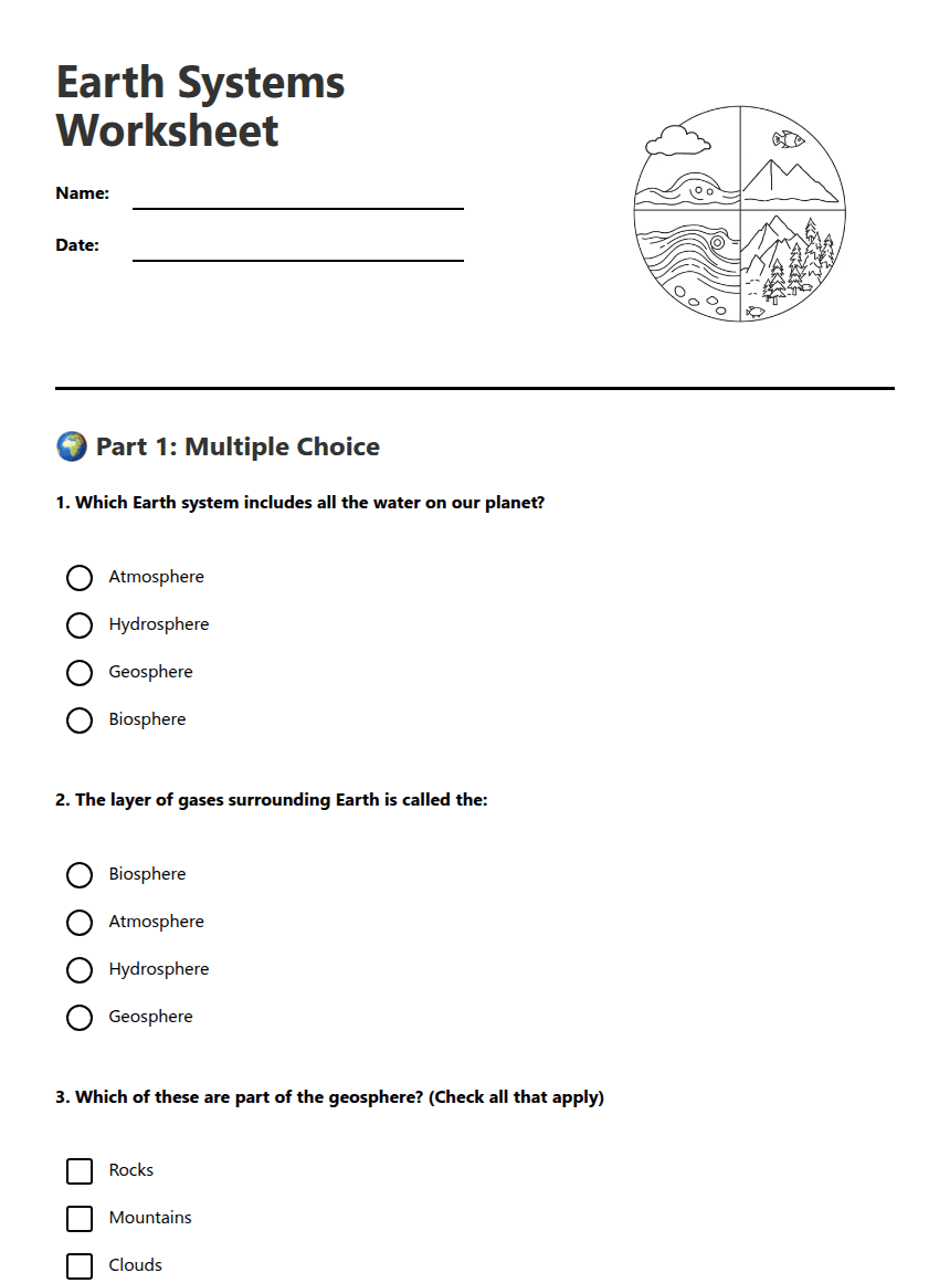 Earth Systems Worksheet worksheet preview