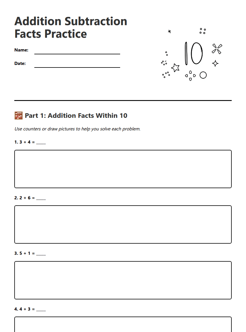 Addition Subtraction Facts Practice worksheet preview