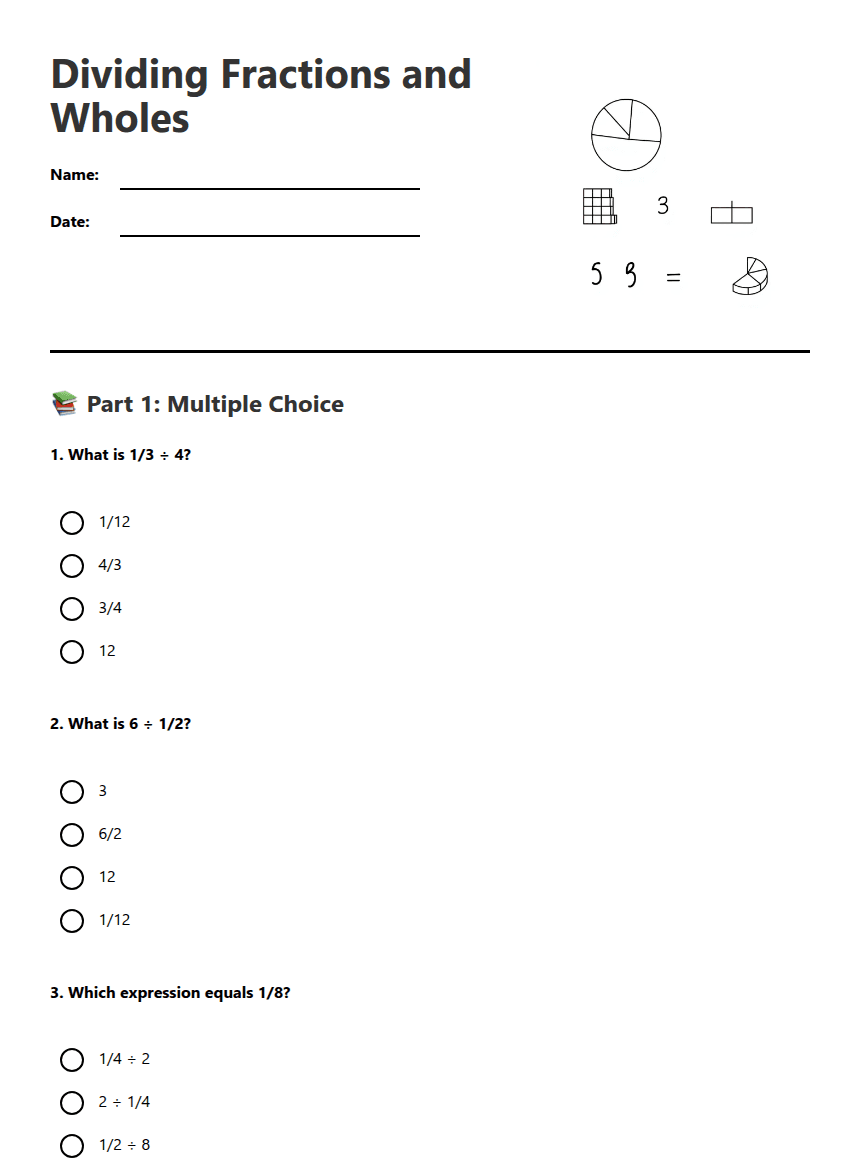 Dividing Fractions and Wholes worksheet preview