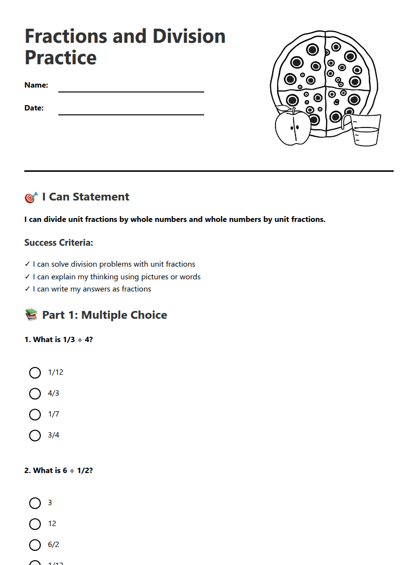 Fractions and Division Practice worksheet preview
