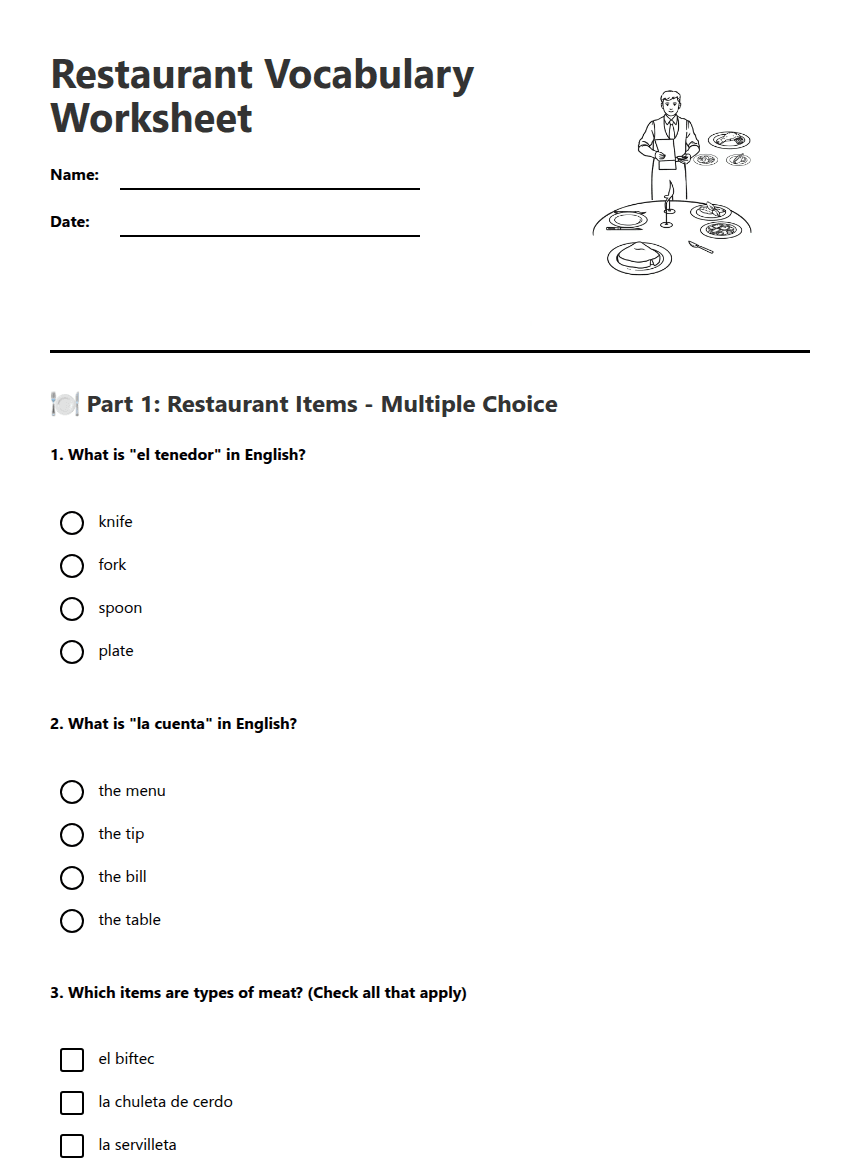Restaurant Vocabulary Worksheet worksheet preview