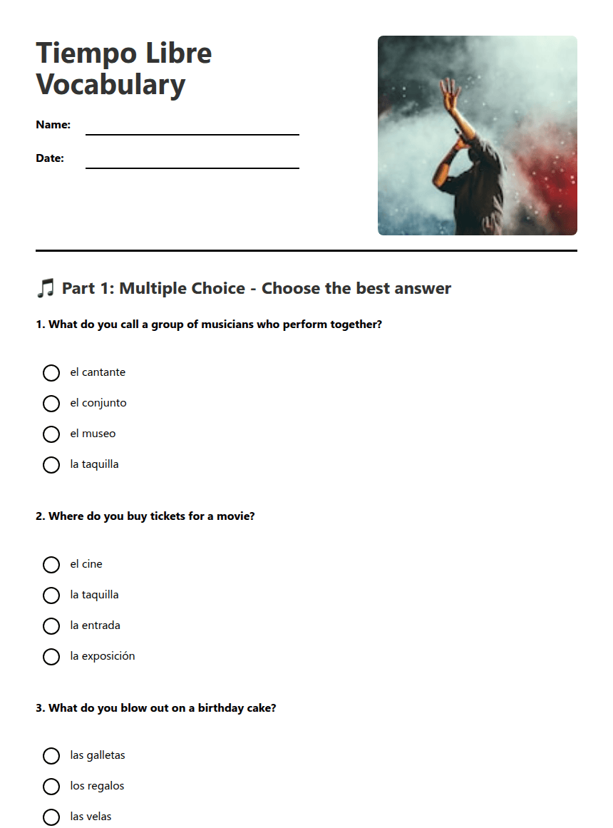 Tiempo Libre Vocabulary worksheet preview